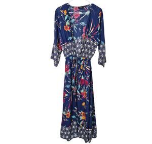Janice Kimono Maxi Length One Size Mixed Print Drawstring Navy Beach Festival